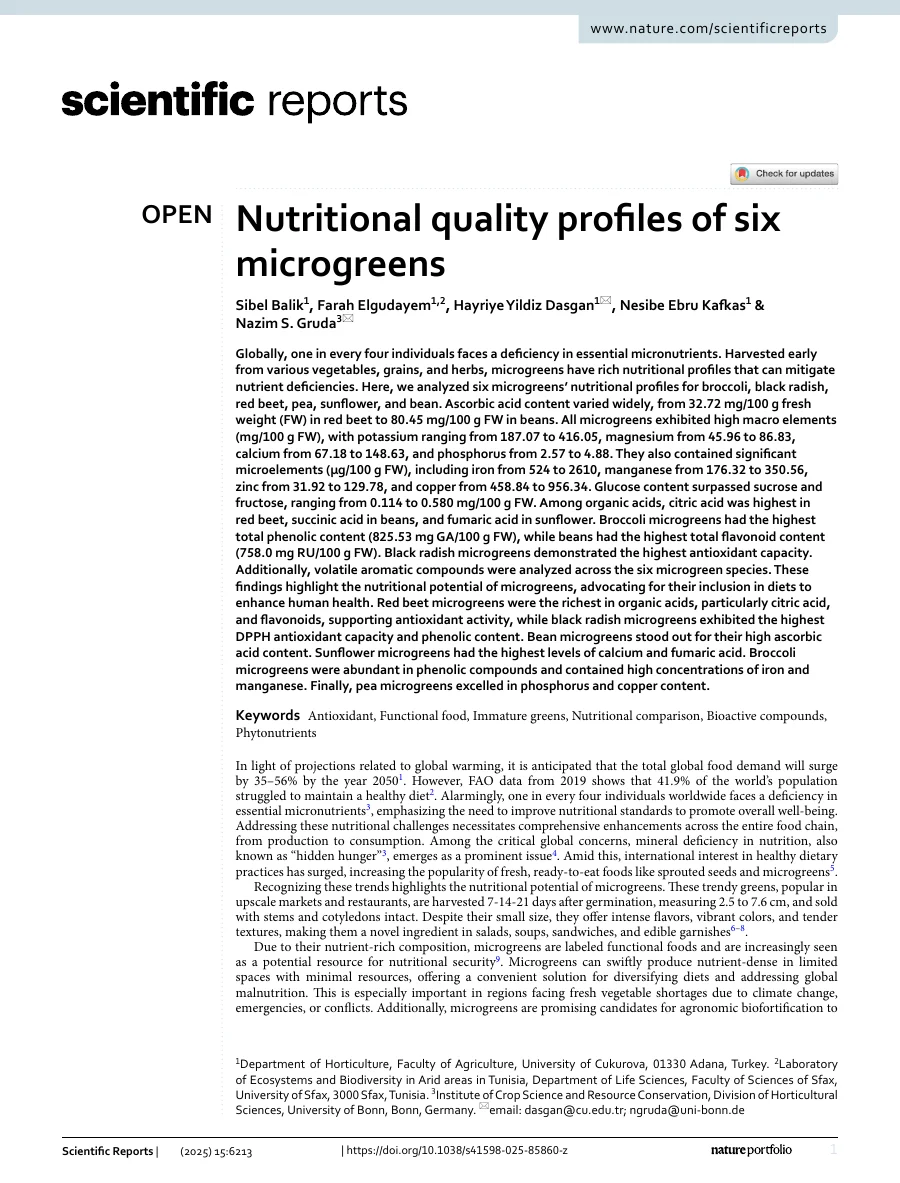 First page of a research paper: Nutritional quality profiles of six microgreens.